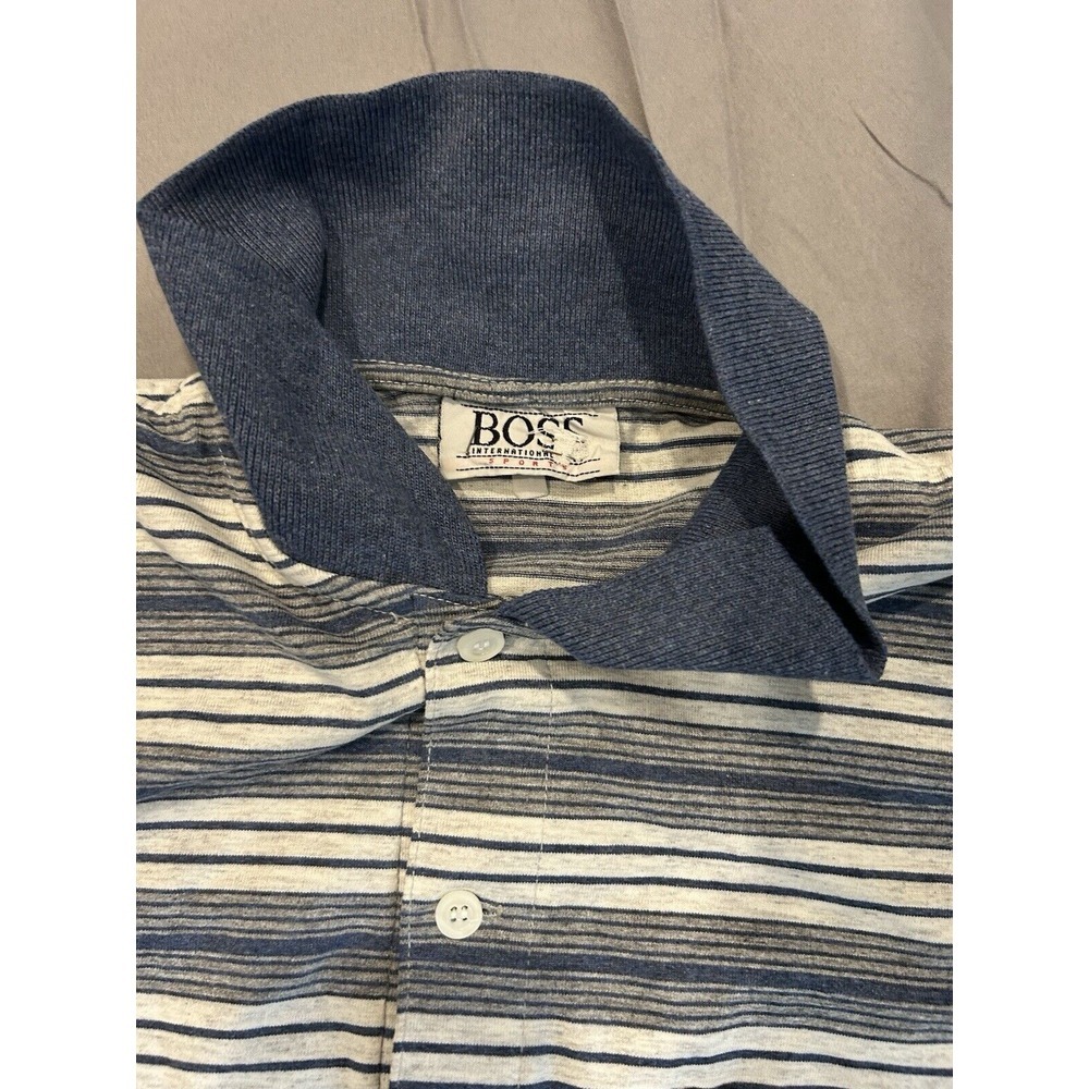 Boss Mens 90S Y2K Vintage Polo Collared, Short Sleeve Striped Blue Shirt xxl